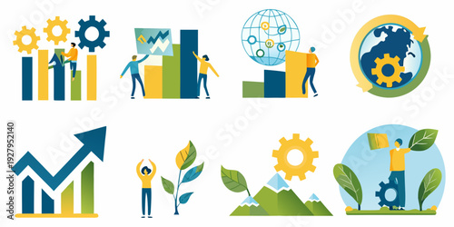 Illustrative icons depicting growth technology and global sustainability concepts