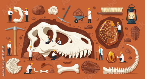 A detailed vector illustration of a paleontological excavation with tiny scientists working on a giant dinosaur skull and other prehistoric fossils.
