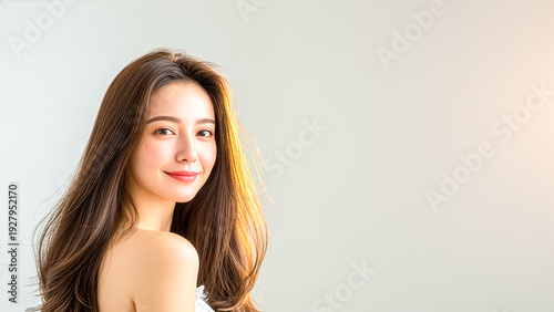 柔らかい日差しの中で微笑む美しい日本人女性。艶やかな長い髪と透明感のある肌を強調した、スキンケアやヘアケアに最適なビューティーポートレート