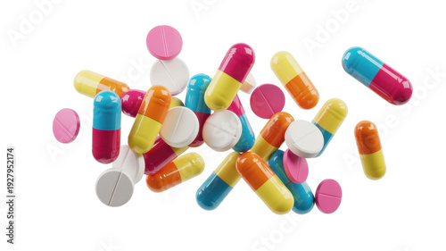 Colorful pills and capsules on white background medication isolated on a transparent background