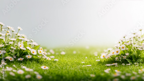柔らかな日差しが降り注ぐ緑の芝生に、可憐な白いデイジーが咲き誇る春の野原。爽やかで平和な自然の風景を表現した、明るい雰囲気の背景素材