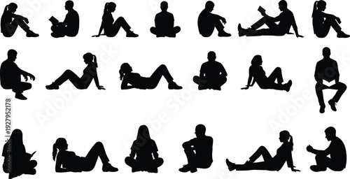 Black Silhouette Vector Set of Men and Women Sitting on Toilet Seat in Various Poses Depicting Constipation Stomach Ache Digestion Issues and Health Routine