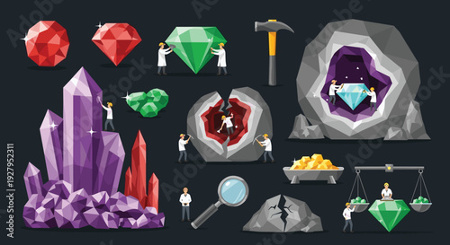 A vibrant vector illustration depicting tiny gemologists mining and studying large precious crystals, diamonds, and gems inside a geode.