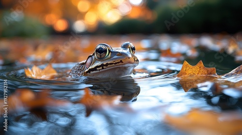 Frog Swimming in Water with Autumn Leaves and Blurred Background on Fall Day