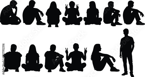 Set of silhouetted teenagers and young adults in casual sitting and standing poses representing youth culture social friendship community relaxation and student lifestyle concept