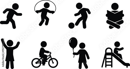 Comprehensive Human Action and Lifestyle Pictogram Set Featuring Black and White Vector Symbols of People Walking Running Sitting Standing Reading and Working