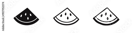 Watermelon slice icon set with seeds in solid, outline, and hand-drawn styles, perfect for summer themes.