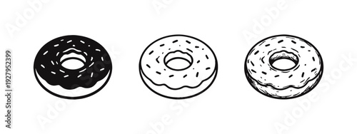 Donut icon set with sprinkles and frosting in solid, outline, and hand-drawn styles, a sweet bakery treat.