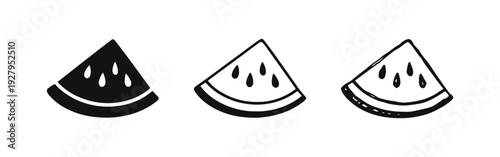 Watermelon slice icon set with seeds in solid, outline, and hand-drawn styles, a symbol of summer fruit.