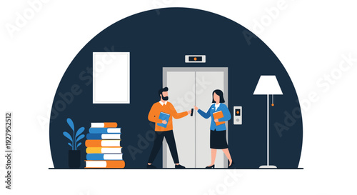 A man and a woman holding books stand talking in a hallway while waiting for an elevator in a modern office.