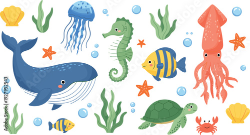 Cute Underwater Sea Animals Collection with Whale, Seahorse, Jellyfish, Turtle and Squid Cartoon Vector Illustration Set