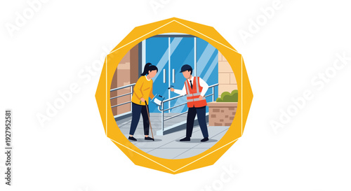 A male worker in a safety vest uses a thermal scanner to check the temperature of an elderly woman with a cane at a building entrance.