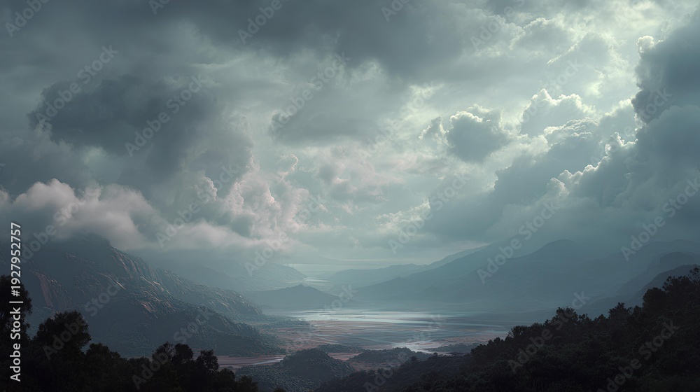 Fototapeta premium Dramatic Sky Over Mountainous Terrain: Captivating vista showcasing a dramatic sky casting an ethereal glow over towering mountain ranges, evoking a sense of awe and the raw power of nature.