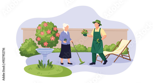 A male gardener offers a potted plant to an elderly woman with a cane in a sunny backyard with a birdbath and flowering bushes.