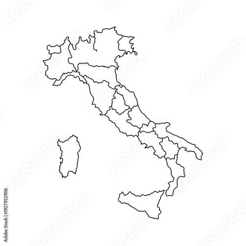 Outline map of Italy showing its distinct administrative regions with clear borders, a simple graphic representation for cartographic and educational purposes