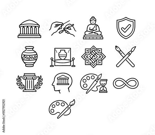 Cultural heritage and preservation through art. Line outline icon set of Cultural heritage and preservation
