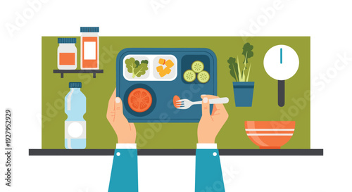 A top-down vector illustration shows a person holding a healthy meal tray with vegetables, with supplements and water in the background.