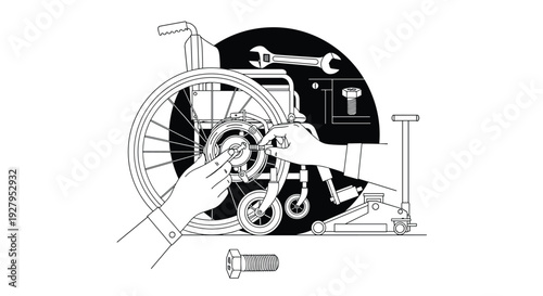 A detailed black and white illustration shows two hands meticulously repairing the wheel of a manual wheelchair using tools against a plain white background.