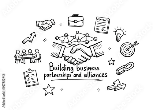 Building business partnerships and alliances. Hand-drawn doodle illustration of Building