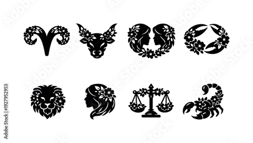 Floral zodiac symbols. Filled icon set of Floral zodiac symbols: aries floral emblem, taurus floral emblem,