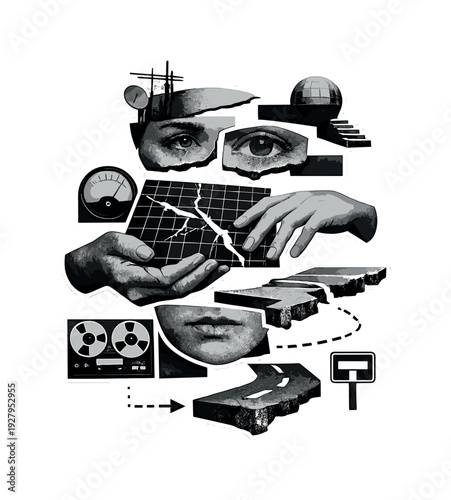 Conceptual lost tomorrow figure assembled from fragmented face, eyes and hands, black and white realistic