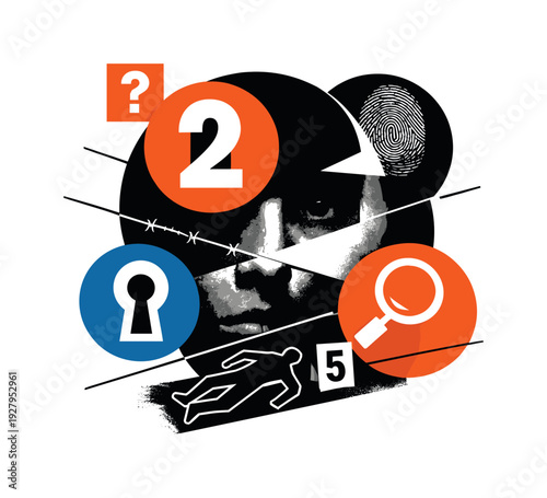 Abstract cold case silhouette with obscured facial features and distorted scale, black and white realistic