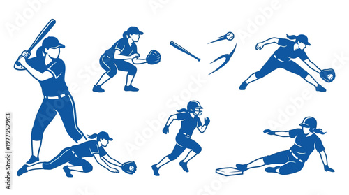 Women’s Softball Silhouette Vector Set – Dynamic Female Athlete Poses Featuring Batting, Pitching, Catching, and Sliding for Sports Graphics and Team Design Projects