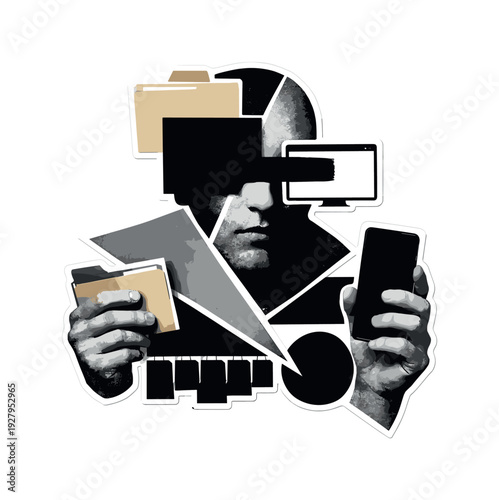 Conceptual shadow information figure assembled from fragmented face and hands, black and white realistic