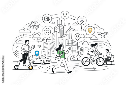 Smart cities. Futuristic cityscape with connected buildings, sensors and data lines flowing