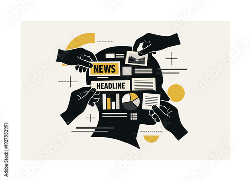 A metaphorical editorial mind illustration: black-and-white hands arranging layout fragments