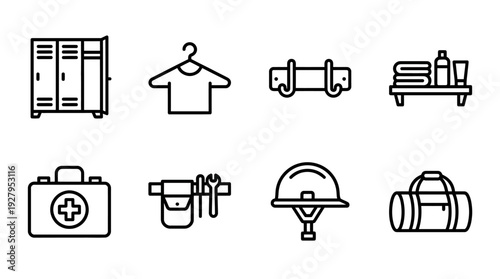 Fitness Facility Icon Vector Set – Gym and Locker Room Symbols Featuring Equipment, Apparel, First Aid, and Storage for Sports Graphics and Wellness Design Projects