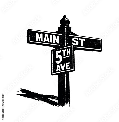 Double-sided street sign forming a cross shape at a corner, silhouetted and graphic, noir