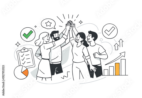 Team success moments. Small team giving high-five after completing project, checkmarks and