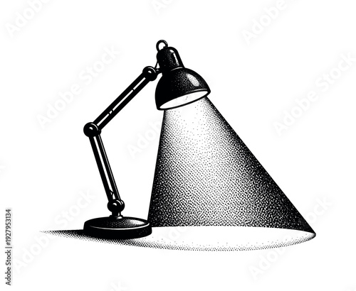 Desk lamp presented as a stark graphic silhouette, cone-shaped light implied through contrast rather than beam