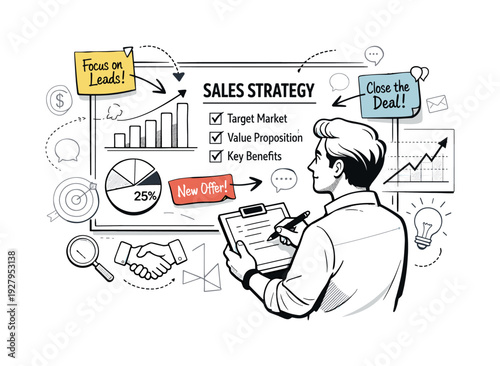 Sales strategy & pitch design. Business owner reviewing graphs and key points on a large