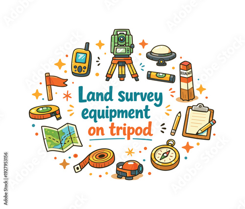 Land survey equipment on tripod. Hand drawn illustration of Land survey equipment on tripod. theodolite,