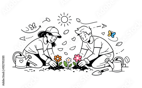 People Planting Flowers. Two friends kneeling in a sunny garden, gently placing bright blossoms into the soil