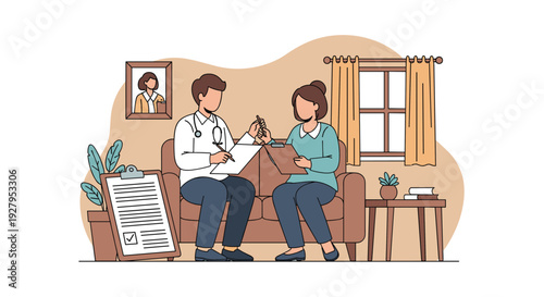 A male doctor with a stethoscope conducts a home visit consultation with a female patient, both sitting on a cozy sofa.