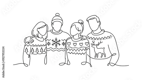 Dressing in festive sweaters for Christmas. Minimalistic one-line drawing people wearing cozy patterned