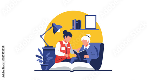 A female caregiver reads a book with an elderly woman who is sitting comfortably in an armchair under a lamp's soft glow.