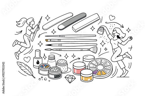 Professional nail art accessories. Organized set of nail brushes, files, and decorative elements laid out with