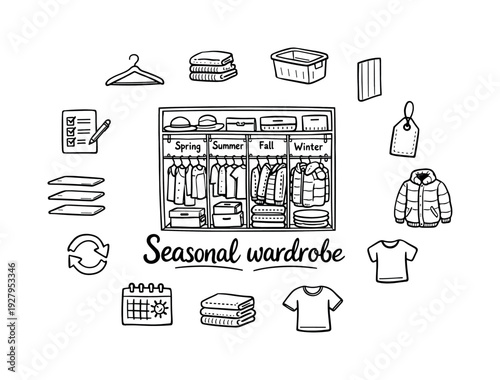 Seasonal wardrobe organization. Hand-drawn doodle illustration of seasonal wardrobe organization. In the