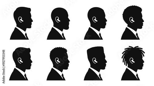 Black Male Profile Silhouette Vector Set – Diverse Hairstyles and Facial Features in Formal Attire for Identity Graphics, Cultural Posters, and Professional Design Projects