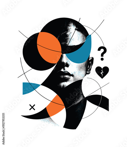 Abstract anonymous silhouette with hidden eyes and distorted proportions, black and white realistic face