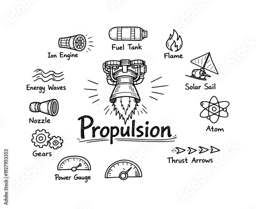 Space propulsion technology. Hand-drawn doodle illustration of space propulsion technology. In the middle, one