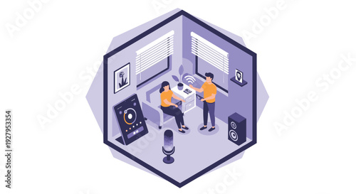 A man and a woman interact with a smart home control panel in a modern, purple-themed isometric living room.