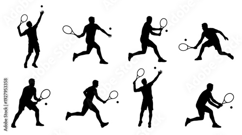 Tennis Player Silhouette Vector Set – Dynamic Male Athlete Poses Featuring Serving, Volleying, and Backhand Actions for Sports Graphics and Competitive Design Projects
