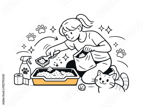Pet care routine. Litter box being cleaned, small paw icons and sparkles suggesting freshness and care. Calm,