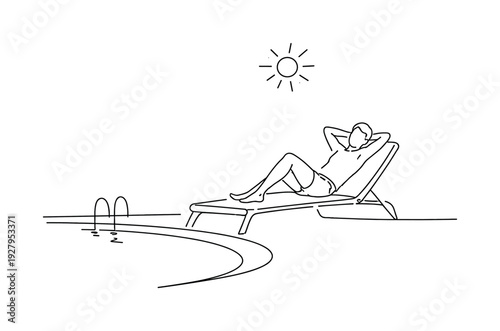 "Poolside Sunbathing". Minimalistic one-line drawing person reclining on a lounge chair beside a swimming pool