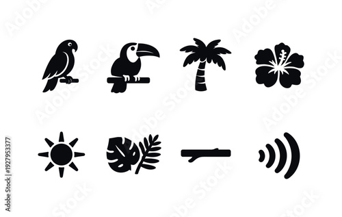 Tropical singing birds. Filled icon set of Tropical singing birds: parrot, toucan, palm tree, exotic flower,